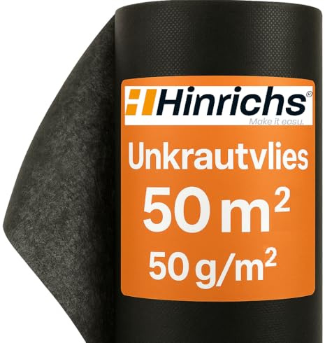 Hinrichs Unkrautvlies 50m - Gartenvlies gegen Unkraut - Unkraut Folie für Garten 50g/m² - Mulchvlies - Unkrautfolie wasserdurchlässig - Schutz vor Maulwürfen - Unkrautflies - Unkrautschutzfolie