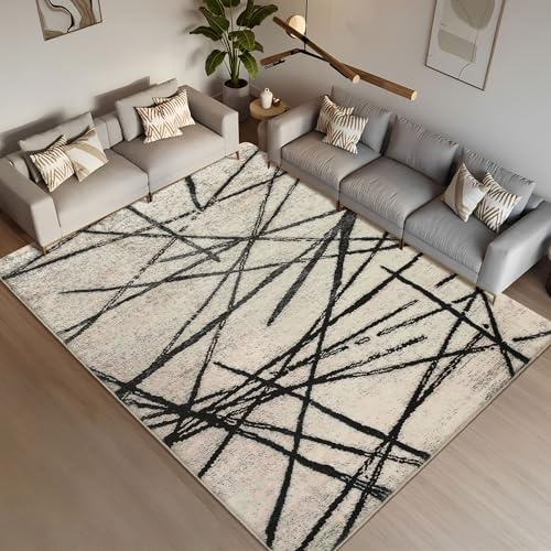 Leesentec Teppich Wohnzimmer Moderner Künstlerischer Teppiche Waschbar Kurzflor rutschfest Orientteppiche Raummatte (Beige/Gestreift Schwarz, 200 x 250 cm)