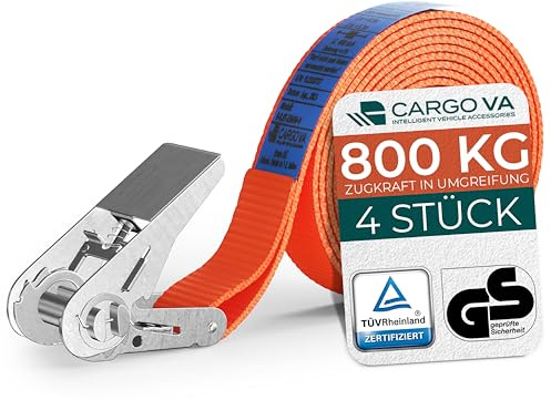 CargoVA® Robuste 800kg Spanngurte [4er Set] - TÜV/GS Zertifiziert & DIN - Vielseitig Einsetzbar - 25mm Breite - Ideal für Professionelle Anwendungen [4M]