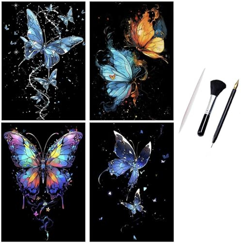 ShipeeKin 4x Kratzbilder Leuchtend 290 x 210 mm A4 Wandbild Kratzbilder Kratzpapiere mit Werkzeug Set (Schmetterling)