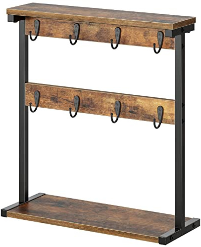 YATINEY Tassenhalter Stand, Tassenregal mit 8 Haken, Tassenständer, Küchenregal, vertikales Lagerregal, Getränkehalter mit Regalen, Displayständer, für Küche, Wohnzimmer, Vintagebraun XMH43BR