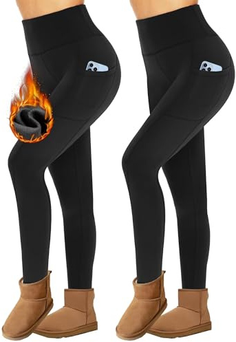 Missluck 2er Pack Thermoleggings Damen Winter Mit Taschen, High Waist Thermohose Gefüttert Fleece Thermounterwäsche Für Sport Gym（Schwarz/Schwarz,S/M）