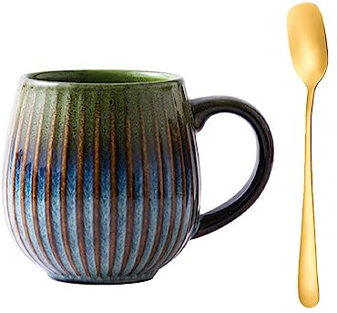 Becher Kaffee Steingut 550ml Tasse Keramik Vintage, Steingut, Grosse Streifen für Büro und Zuhause (Grüner Farbverlauf)