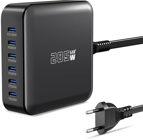 285W USB C Ladegerät, PD 100 W + 65 W Schnellladegerät 6 Port Ladestation GaN-III Charger, Netzteile Kompatibel mit MacBook Pro/Air, Dell XPS, iPhone 15/16/14/Pro, Samsung, Xiaomi, iPads, Steam Deck