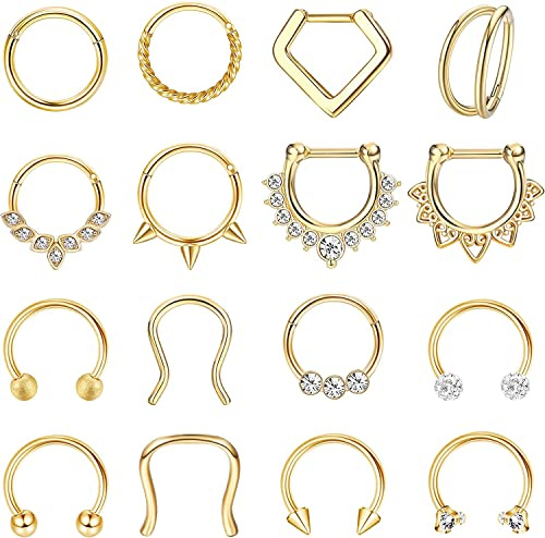 Adramata Septum-Piercing, Chirurgenstahl, Nasenring, Hoop CZ, Lippe, Knorpel, Helix, Tragus, Ohrringe, Septum, Clicker, Piercing, Schmuck, 16 g, 8 mm, 16 Stück