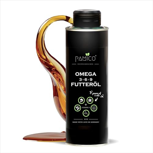 Futteröl Omega 3-6-9 + Vitamin E, 500ml Vorteilsdose, Hochwertige Mischung aus Lachs-, Hanf-, Raps-, Nachtkerzen- und Schwarzkümmelöl, für Barf, Trockenfutter und Nassfutter