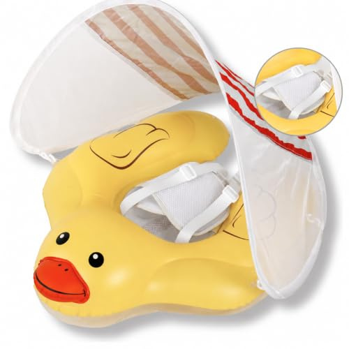 EDWEKIN® Einzigartiger Baby Schwimmtrainer mit abnehmbarem Sonnendach, Ente Schwimmring Baby, Baby Schwimmhilfe mit Sonnenschutz, Schwimmreifen für Babys, Kleinkinder, S (QuackiPlus S)