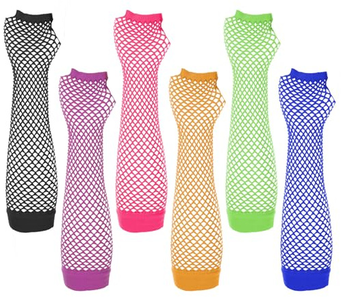 6 Paar Neon Handschuhe Stulpen Arme Netzhandschuhe Neon Farbe Armstulpen Netz Regenbogen Mesh Gloves 80er Jahre Lange für Damenhandschuhe Langes Fingerlose Neonhandschuhe Rock Fischnetzhandschuhe