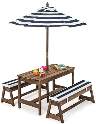 GOPLUS Kinder Picknicktisch, Kindersitzgruppe mit Bänke, Kissen & Sonnenschirm, Kindersitzgarnitur Outdoor aus Holz, Kindersitzbank Sitzgruppe Gartentischset Gartenmöbel für Garten, Terrasse & Balkon