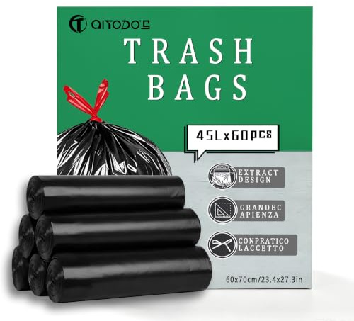 AiTodos® 60 Stück Müllbeutel, L*H: 60 x 70 cm, Fassungsvermögen: 45l, Schwarz, Polyethylen-Müllbeutel, passend für die Meisten Mittleren Mülleimer ''45 l'' (6 Rollen, 10 pro Rolle)