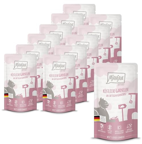 MjAMjAM - Premium Nassfutter für Katzen - Quetschie - köstliche Garnelen an saftigem Hühnchen, 12er Pack (12 x 125 g), getreidefrei mit extra viel Fleisch