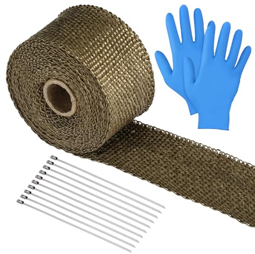 Hitzeschutzband für Auspuff 5M mit Kabelbinder | Fächerkrümmer Thermoband mit 10 Edelstahl Krümmerband Handschuhe für Abgasschlauch Auspuff