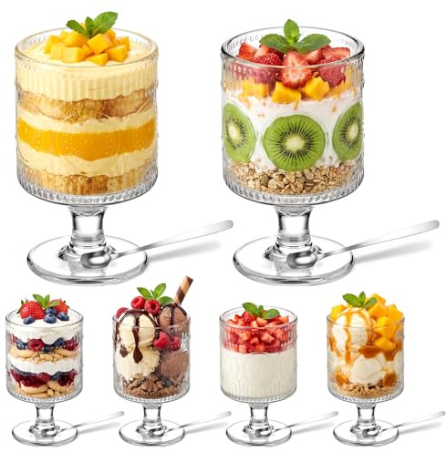 TranRantic 6er Set Eisbecher Glas,180ml Dessertgläser, Milchshake Gläser | Eis Sundae Tassen mit 6 Edelstahl Löffeln, Eisbecher, Eiskaffee Gläser für Milchshake Dessert Getränke Cocktails