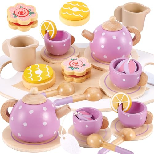 AOLEVA Teeservice Holz Tee Set Kinderküche Zubehör Holzspielzeug für Kinder | Teeparty Set Spielküche Kindergeschirr Rollenspiele Geschenk für Kinder Mädchen Jungen, Lila