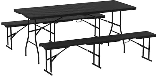 Outsunny Bierzeltgarnitur 3-teiliges Set Klappbar Campingtisch, 2 Bierbank mit Tragegriff, Rattanoptik, Biertischgarnitur Festzeltgarnitur für Balkon, Partyzelt, Garten 180 x 74 x 74 cm