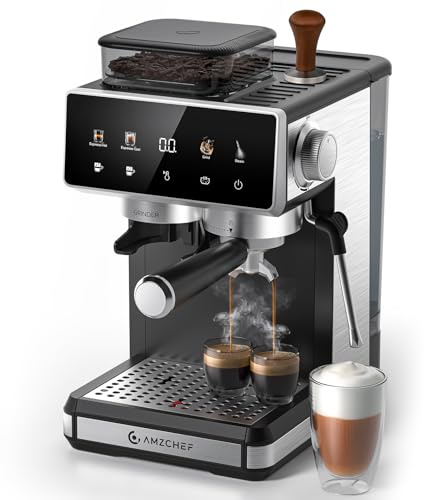 AMZCHEF Siebträgermaschine mit Mahlwerk, 20 Bar Espressomaschine für Zuhause mit Milchaufschäumer, 3 Temperaturstufen, 20 Mahlgrade, Kalt & Heißbrühung, Touchscreen Display