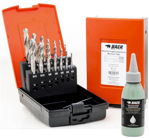 BaerCoil BAER Gewindeschneider Set M3 - M12 HSSG - Maschinengewindebohrer Sackloch + Kernlochbohrer - Gewindebohrer Satz - Gewindeschneidset - Gewindeschneider inklusive Bohrpaste