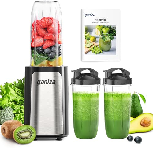 Ganiza Mixer, 900W Mini Smoothie Maker, Standmixer mit 3 Tragbare Mixbechern(2×500ml & 1×700ml), Vierklingenklinge aus Edelstahl, BPA-Frei, Leicht zu Reinigen, Blender elektrisch für Shake, Smoothie