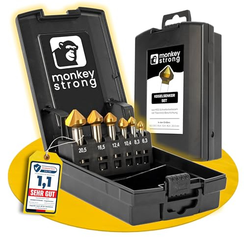 monkeystrong Kegelsenker Set - richtig scharf - 90° Ø 6,3-20,5 mm HSS TiN - Senker und Entgrater für Holz, Metall, Stahl, Kunststoff