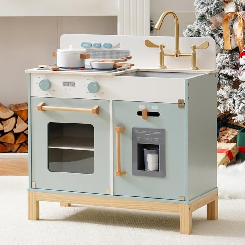 ROBOTIME Kinderküche aus Holz, für Mädchen und Jungen ab 3 Jahren, Rollenspiel-Kochset mit Lichtern und Geräuschen, Herd, Eiswürfelmaschine und Besteck, Geschenk für Kinder von 3-8 Jahren (Blau)