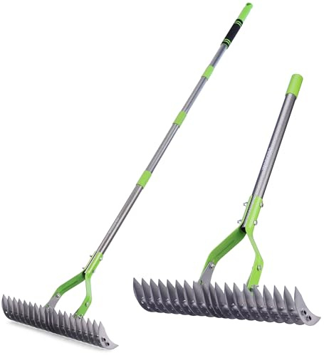 WORKPRO Laubrechen mit Stiel, 38cm Arbeitsbreite Rechen für Garten, Verstellbarer Griff 102–178 cm, Ergonomischer Laubbesen mit Doppelseitigem Rake Head für Laub, Gras, Bodenlockerung, Hof und Rasen