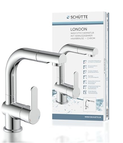 SCHÜTTE 79710 LONDON Wasserhahn fürs Bad, Waschtischarmatur mit herausziehbarer Brause, Haarbrause, ideal zum Haarewaschen, Einhebelmischer mit Ablaufgarnitur in Chrom