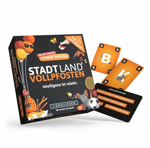 DENKRIESEN Stadt Land VOLLPFOSTEN Classic Edition | Das Kartenspiel | 200 Kategorien für 3–6 Spieler ab 12 Jahren, Reise-, Familien- und Wortspiel im Stadt-Land-Fluss-Stil.