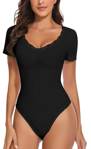WOWENY Body Damen Kurzarm mit Spitze Elegant V-ausschnitt Bodysuit | Sexy Bodysuit Oberteil Tops Tshirt Bodys für Frauen Party Festival Weich Bequem