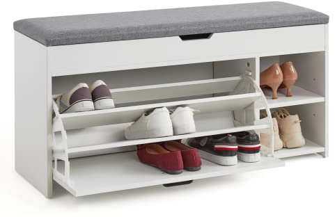 Meerveil Schuhbank mit Sitzfläche, Schuhbank mit Klappschublade Holz Industriestil für Flur Eingang, B100 x H52 x T30 cm, Weiß