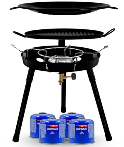 Gas Bullet ® Gasgrill mit Pfanne & Wok + 4 Kartuschen (300g) | für Schraubgaskartuschen | Auseinanderschraubbar | Campinggrill, Party-Grill für Camping, Festivals & Outdoor (Gaskocher + 4 Kartuschen)
