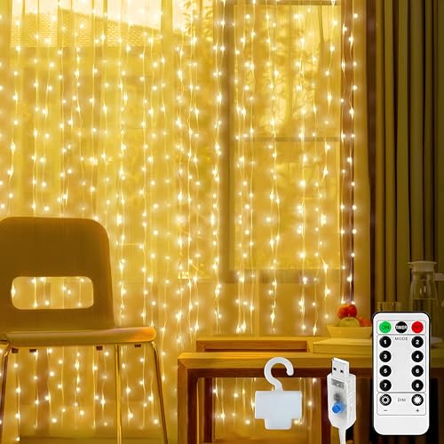 Luthando Lichtervorhang innen, 3x2M 200 LEDS USB Lichterkettenvorhang, Weihnachtsdeko mit Fernbedienung Timer, IP65 Wasserdicht LED Lichterkette für Weihnachten Fenster, Party, Schlafzimmer