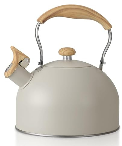 Herdkessel, 2,5 Liter pfeifender Kessel für Gasherd mit Holzoptik Griff, lauter Pfiff, lebensmittelechtes Edelstahl-Kettle in Creme, hitzebeständiger Griff und rostfrei, geeignet für alle Wärmequellen