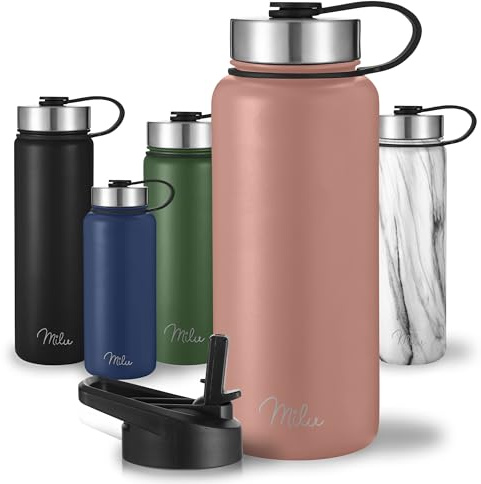 Milu Edelstahl Trinkflasche 500ml 750ml 1000ml (+3 Deckel) - Thermosflasche mit Strohhalm, Isolierte Wasserflasche, Auslaufsichere Isolierflasche doppelwandig, Kohlensäure geeignet (Rose Gold, 750ml)