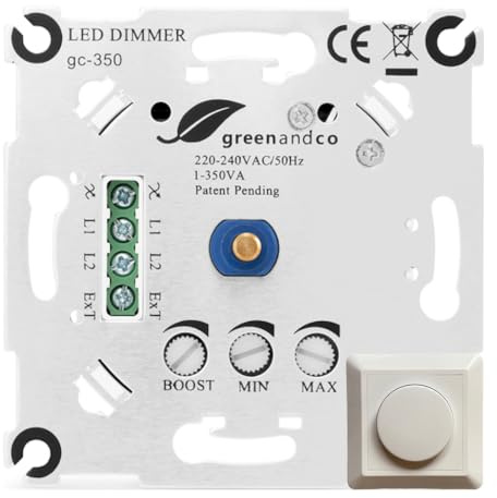 greenandco Dimmer für LED Lampen 230V 1-350W flimmerfrei, mit Abdeckung | Unterputz Dimmer Schalter auch für Halogen und herkömmliche Leuchtmittel, für Wechselschaltungen geeignet, mit Boost-Funktion