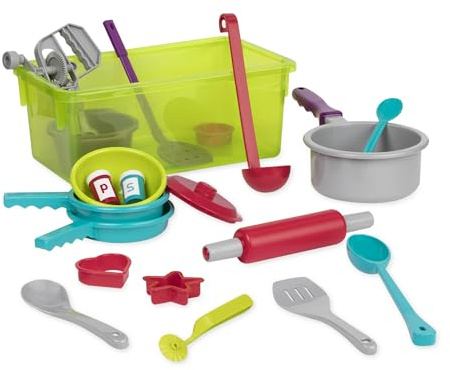Battat Kochgeschirr-Spielset, 21-teilig mit Aufbewahrungsbox | 21-teiliges Küchenspielzeug mit Töpfen, Pfanne, Schüssel, Utensilien, 3 Keksausstechern und Box mit Deckel, 3+ Jahre