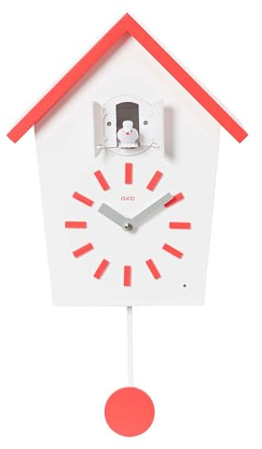 Cuco Clock Kuckucksuhr mit Pendel 28,3 x 22,8 x 10,4cm Rot | Pendeluhr Wanduhr, Schwarzwald Design mit Kuckuck, automatische Nachtabschaltung per Lichtsensor, Vogelgezwitscher