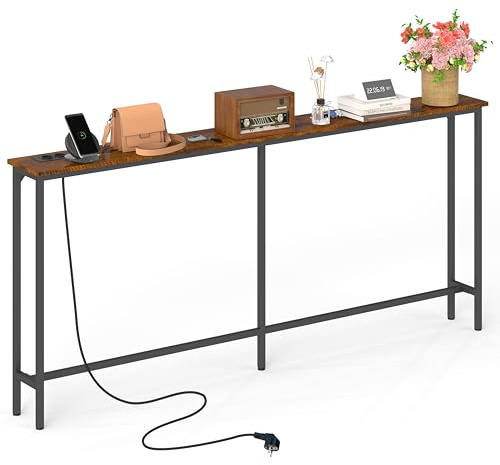 160 cm Breit Konsolentisch Schmal mit Steckdose(Braun&Schwarz/1 Stück) | Flur Regal Schmaler Beistelltisch Sofa Couch Tisch für Eingang Flur Foyer Veranda Balkon Wohnzimmer Möbel 160x20x80cm