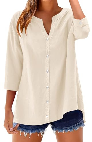 Rapbin Damen Bluse 3/4 Ärmel Baumwolle Leinenbluse V-Ausschnitt Knopfleiste | Leinen Bluse Damen Tunika Hemd Casual Locker Aufrollbare Ärmel