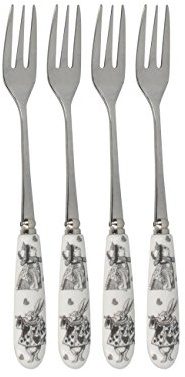 V&A Alice im Wunderland Dessert - Kuchengabel als Obstgabel aus Edelstahl mit verzierten Porzellangriffen in Weiß - 15.5 cm - Küchen-Besteck