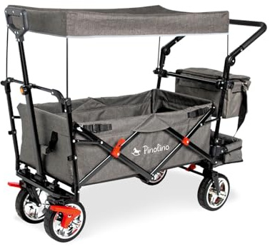 PINOLINO AddPlus Bollerwagen faltbar mit Bremse – Transportwagen mit Schutzhülle, höhenverstellbarer Schiebegriff, All-Terrain PU-Reifen, Stahlachsen, 80 kg Tragkraft, Ladefläche 120×56×67 cm, grau