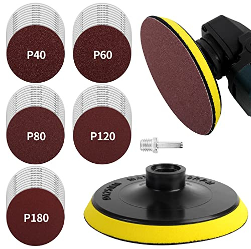 Pomsare Schleifscheiben Pad Kit Schleifteller 125mm Klett,50 Stück schleifpapier mit M14 Schleifpad und Schaft für Winkelschleifer Bohrschleifer, Körnung 10x 40/60/80/120/180 für Holz Metall