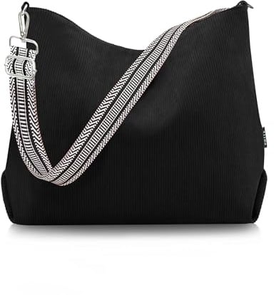 Prite Shopper Tasche Damen Groß Cord Tasche Tote Bag mit Verstellbarem Schultergurt für College Schule Arbeit Reisen Einkaufen（Schwarz 01）