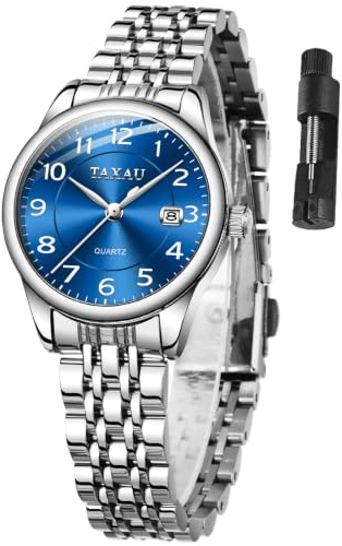 Taxau Armbanduhr Damen Edelstahl, Kleine Damenuhr mit Arabischen Ziffern, Quarzuhr Damen mit Datum, Easy Read Zifferblatt, 3 Bar Wasserdicht, Elegante Uhr für Frauen