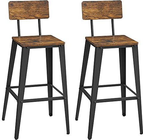 VASAGLE Barhocker, 2er Set, mit Rückenlehne, Stahlgestell | Barstühle, Küchenstühle, einfache Montage, vintagebraun-tintenschwarz, DAXTON Kollektion LBC078B01