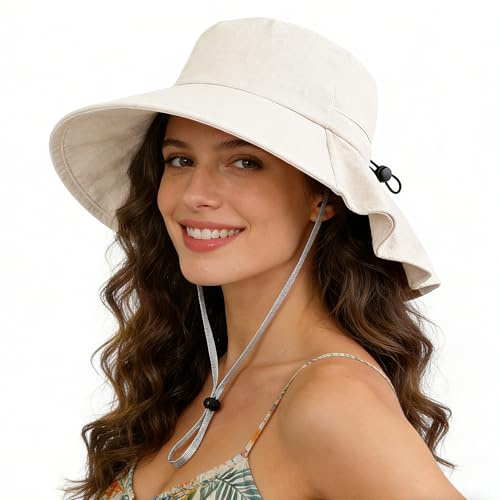 ehsbuy Sonnenhut Damen Nackenschutz Breite Krempe Baumwolle Sommerhut Bucket Faltbar für Strand Gardening Safari Outdoor