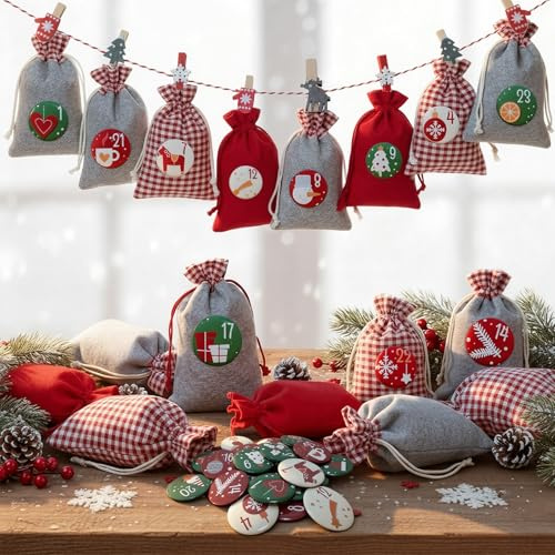 Adventskalender zum Befüllen Stoff – 24 Adventskalender Säckchen in 2 Größen, Weihnachtskalender zum Befüllen für Kinder, adventskalender Wiederverwendbar & Selber - Befüllbar für 2025 – XXL