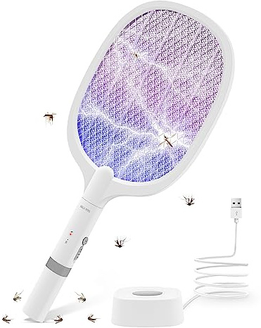 AOKKR Elektrische Fliegenklatsche, 4000V Insektenvernichter mit UV Mückenfalle, Elektro Fliegenfalle mit 1800 mAh Akku Aufladbar und Ladebasis, Fliegenfänger Stark für Mücken, Fliegen, Wespe, Motten