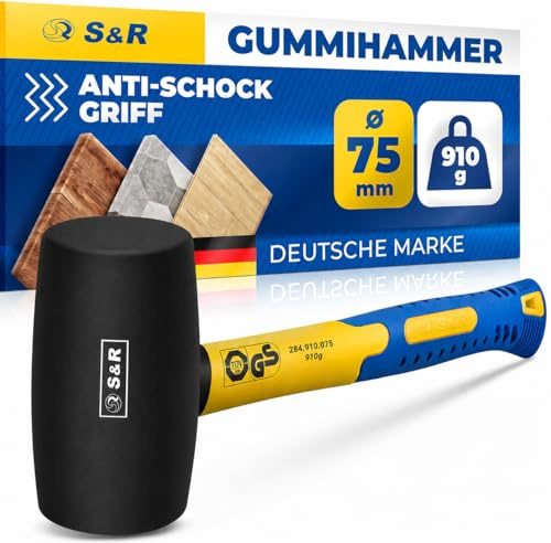 S&R Gummihammer Klein Schwarz 75mm, 910g Camping Hammer Schonhammer Pflasterhammer Rückschlagfrei - zuverlässig für Fliesen, Möbel und Fenster - GS Siegel sowie TÜV geprüft