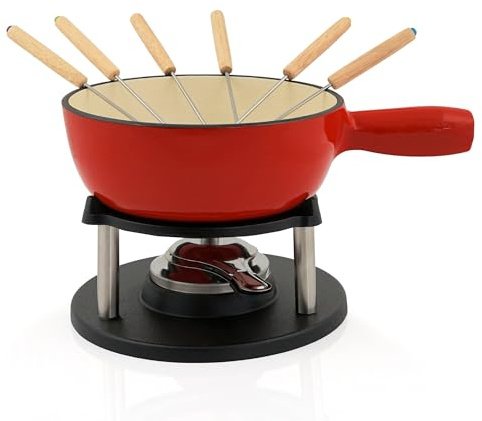BBQ-Toro Gusseisen Fondue Set für 6 Personen | 2 Liter | Fondueset 9 teilig mit Brenner und Gabeln | Fondue-Set, Käsefondue Set, Fleischfondue Set, Schokofondue Set (rot/Creme emailliert)
