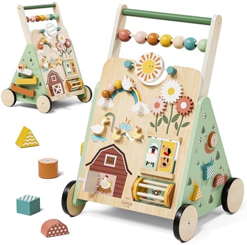 Lehoo Castle Lauflernwagen, Lauflernhilfe mit Montessori Busy Board, Gehhilfe Baby, Lauflernwagen Holz mit Bremse, Spielzeug ab 1 jahr
